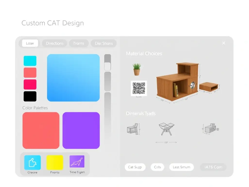 A digital rendering of a cat furniture design tool interface, showcasing various customization options such as color palettes, material choices, and dimension adjustments. The interface is user-friendly and intuitive, allowing customers to easily visualize their custom cat furniture designs.