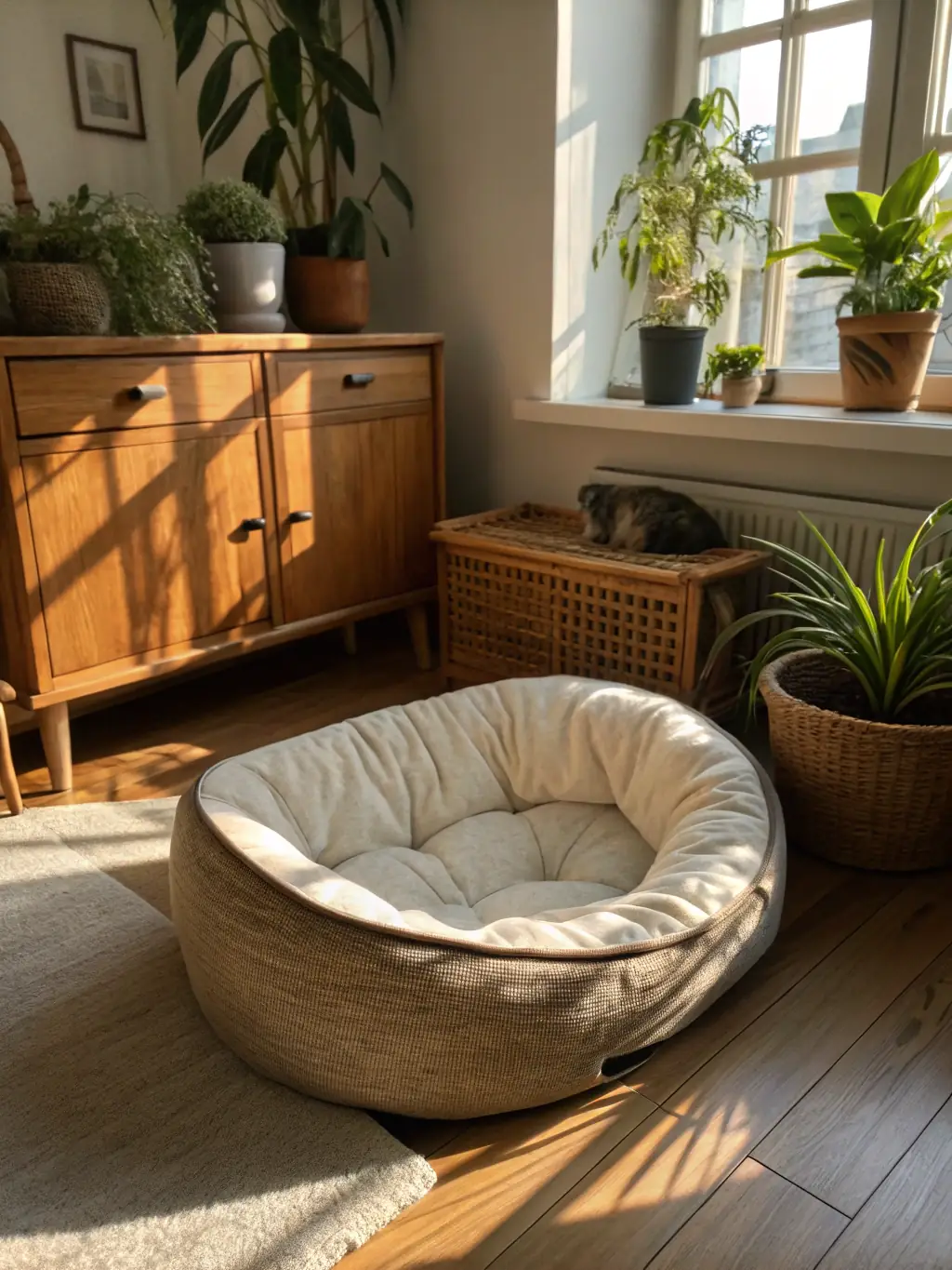 A sleek, minimalist cat bed with clean lines and a neutral color palette, showcasing the modern design aesthetic. The bed is made of high-quality materials and features a comfortable cushion for cats to relax in.