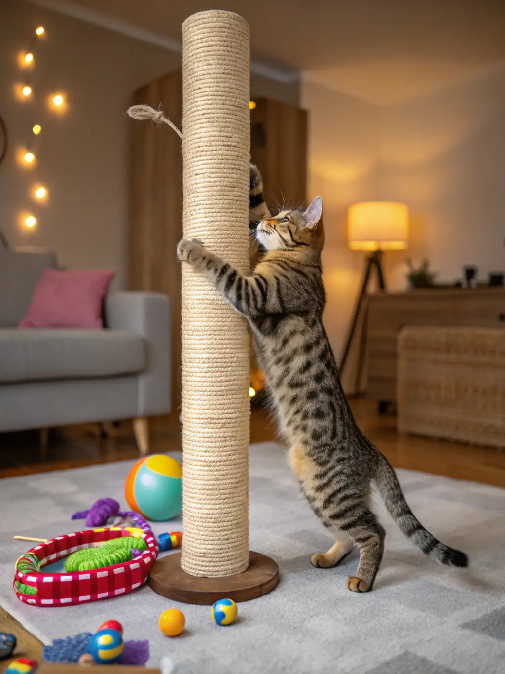 A modern cat scratching post with a geometric design, made of durable materials and featuring a textured surface for cats to scratch. The post is designed to be both functional and aesthetically pleasing.