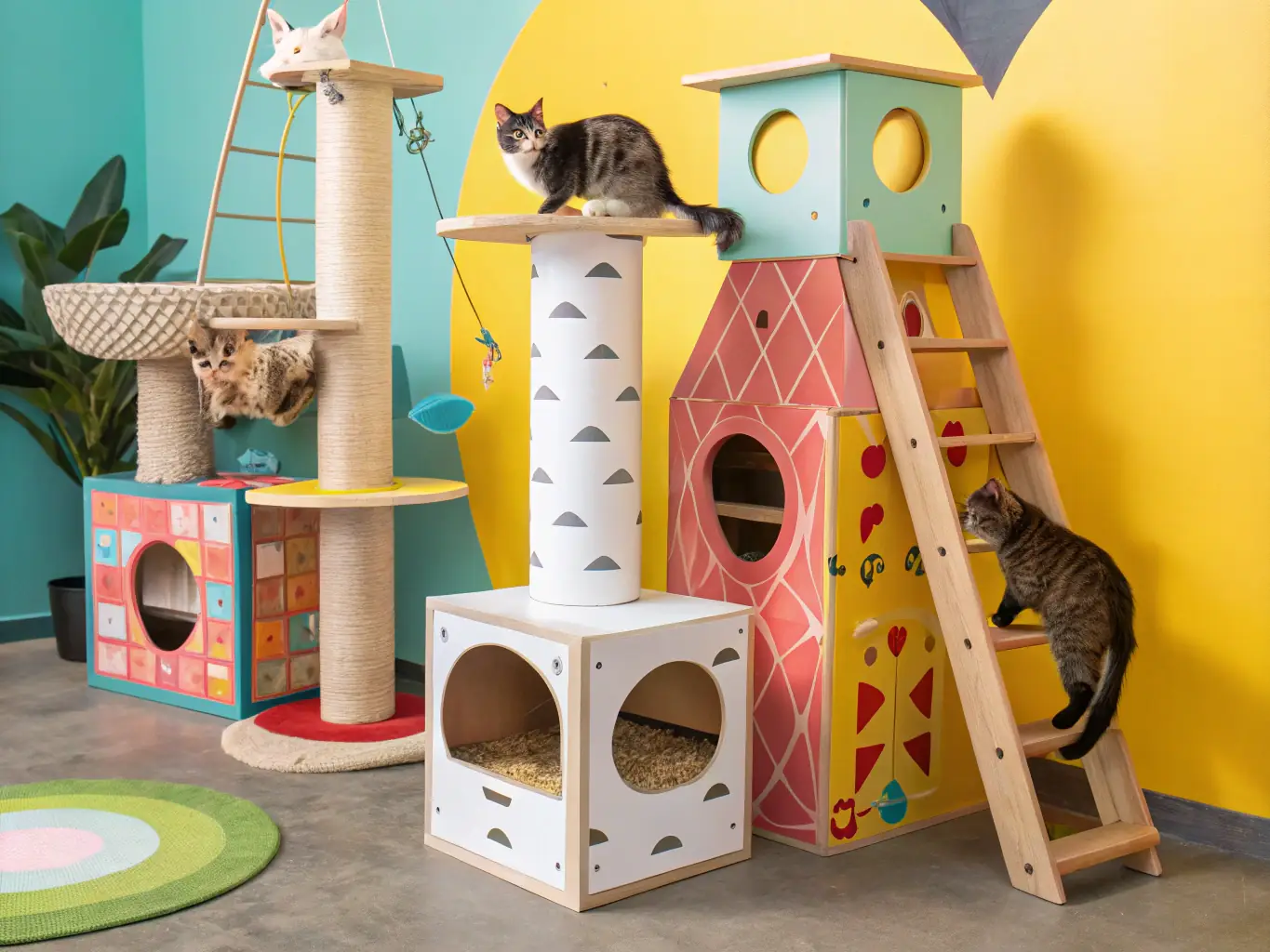 A 3D rendering of a custom-designed cat tree, showcasing unique features such as integrated scratching posts, cozy sleeping nooks, and playful climbing platforms. The design is tailored to fit a specific home decor style, demonstrating the possibilities of custom cat furniture design.