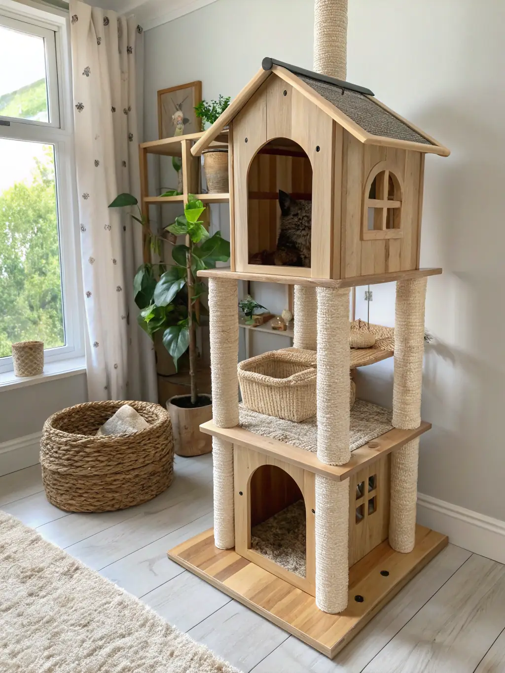 A custom-designed cat furniture piece with a unique and modern aesthetic, tailored to fit seamlessly into a contemporary home. The furniture is made of high-quality materials and designed to be both functional and visually striking.