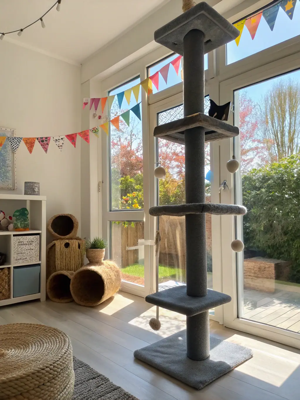 A multi-level cat tower with a sleek, minimalist design, featuring various platforms for climbing and lounging. The tower is made of high-quality materials and designed to be both sturdy and visually appealing.